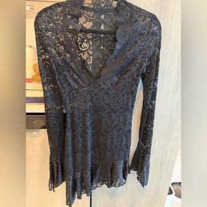 Black Lace V-Neck Midi Dress with Flared Hem